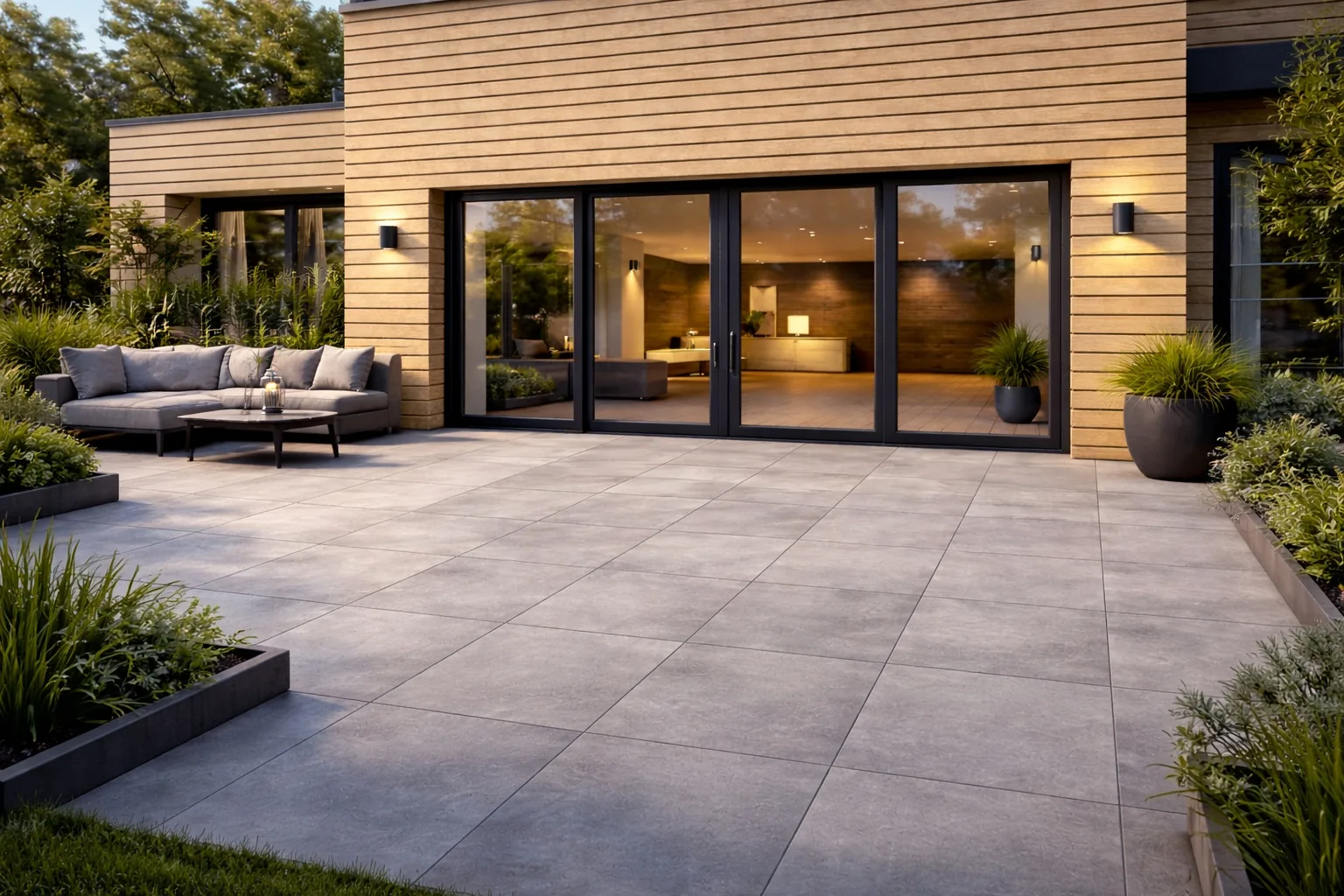 Moderne Terrasse mit großformatigen Keramikplatten, Lounge-Sitzgruppe und beleuchteter Holzfassade in der Abenddämmerung