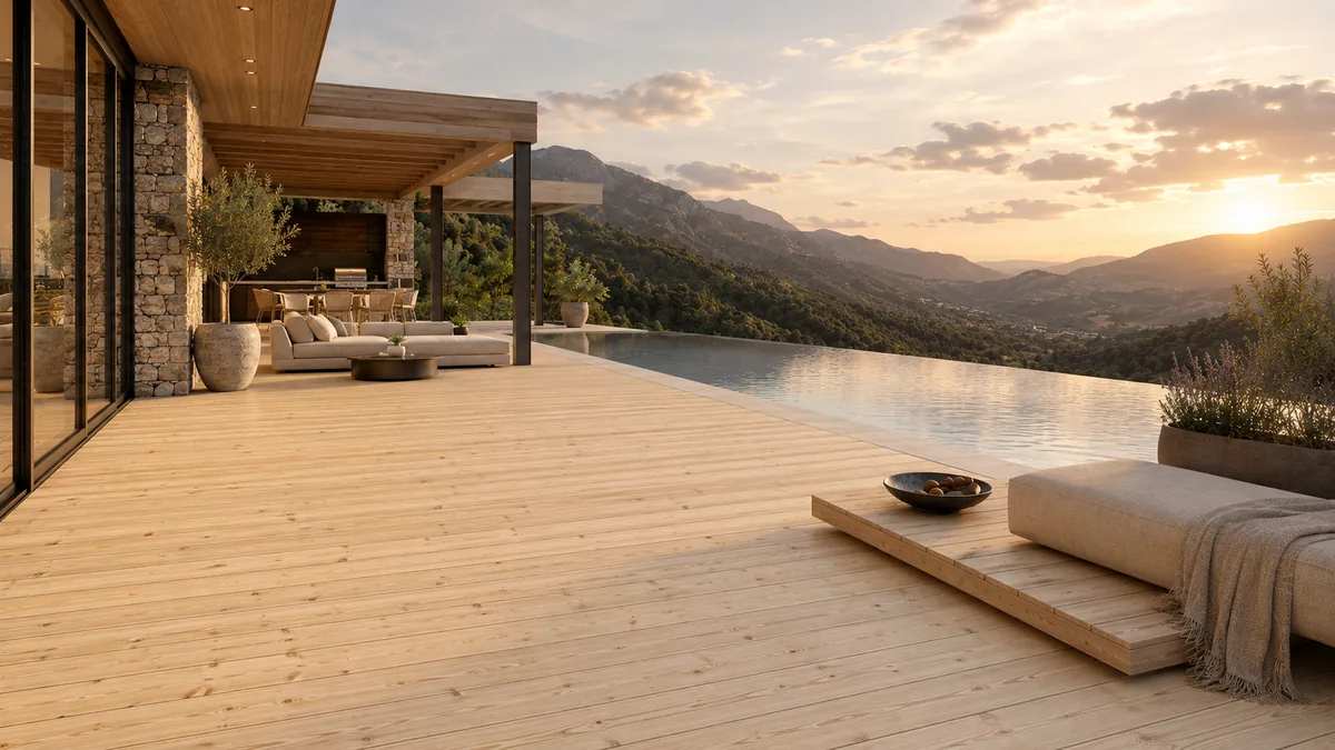 Terrasse mit hellen Dielen in Naturholzoptik, Infinity-Pool und Bergpanorama