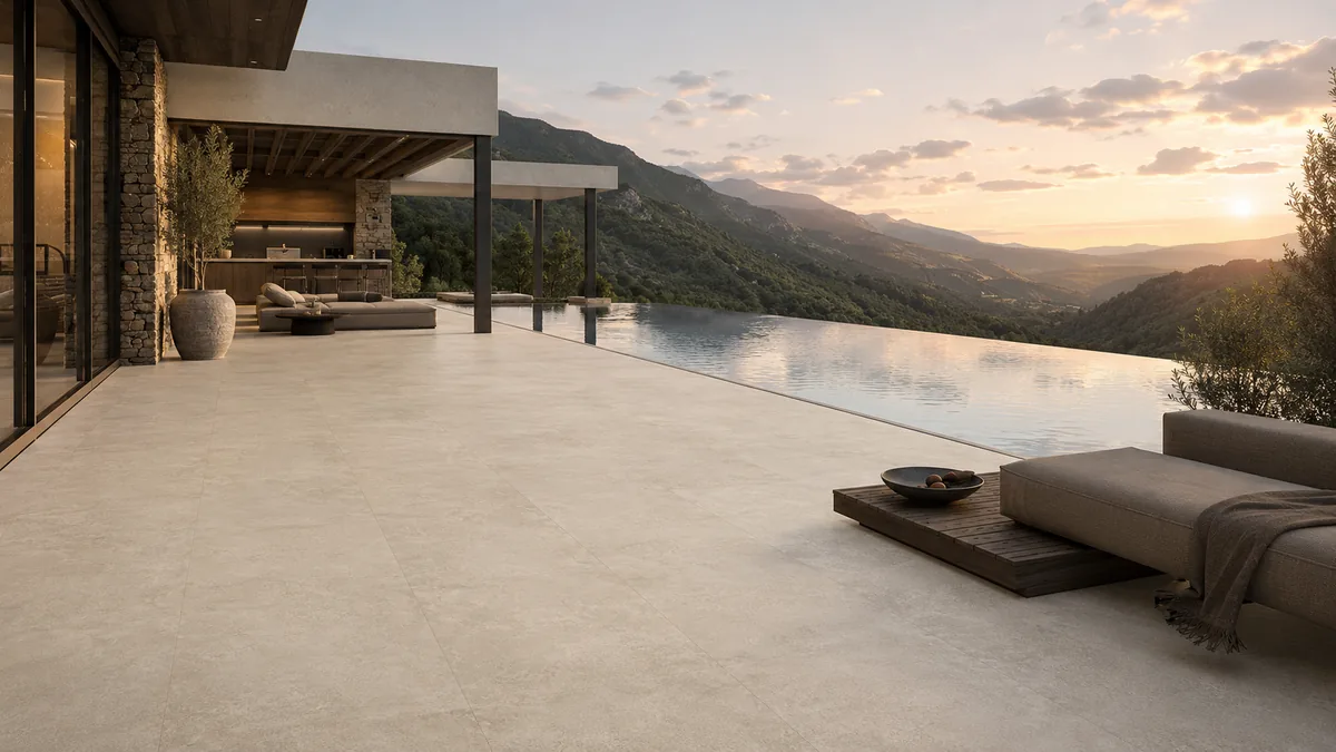 Terrasse mit hellen Keramik-Feinsteinzeugplatten, Infinity-Pool und Bergpanorama bei Sonnenuntergang
