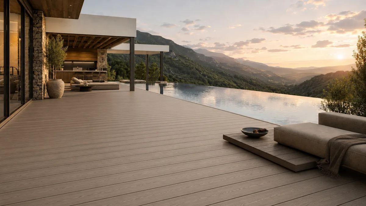 Terrasse mit graubraunen WPC-Dielen, Infinity-Pool und Bergkulisse im Abendlicht