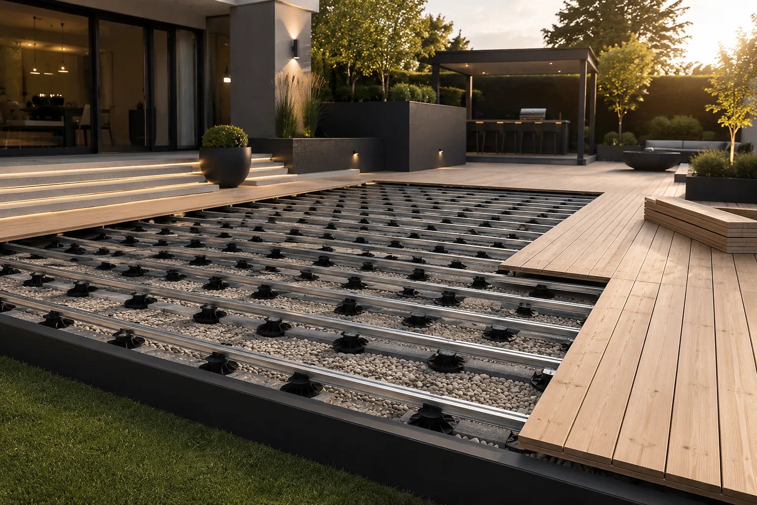 Offene UKAL-Aluminium-Unterkonstruktion mit Stelzlagern auf Kiesbett, teilweise mit Holzdielen belegt, im Hintergrund eine moderne Terrasse in der Abenddämmerung